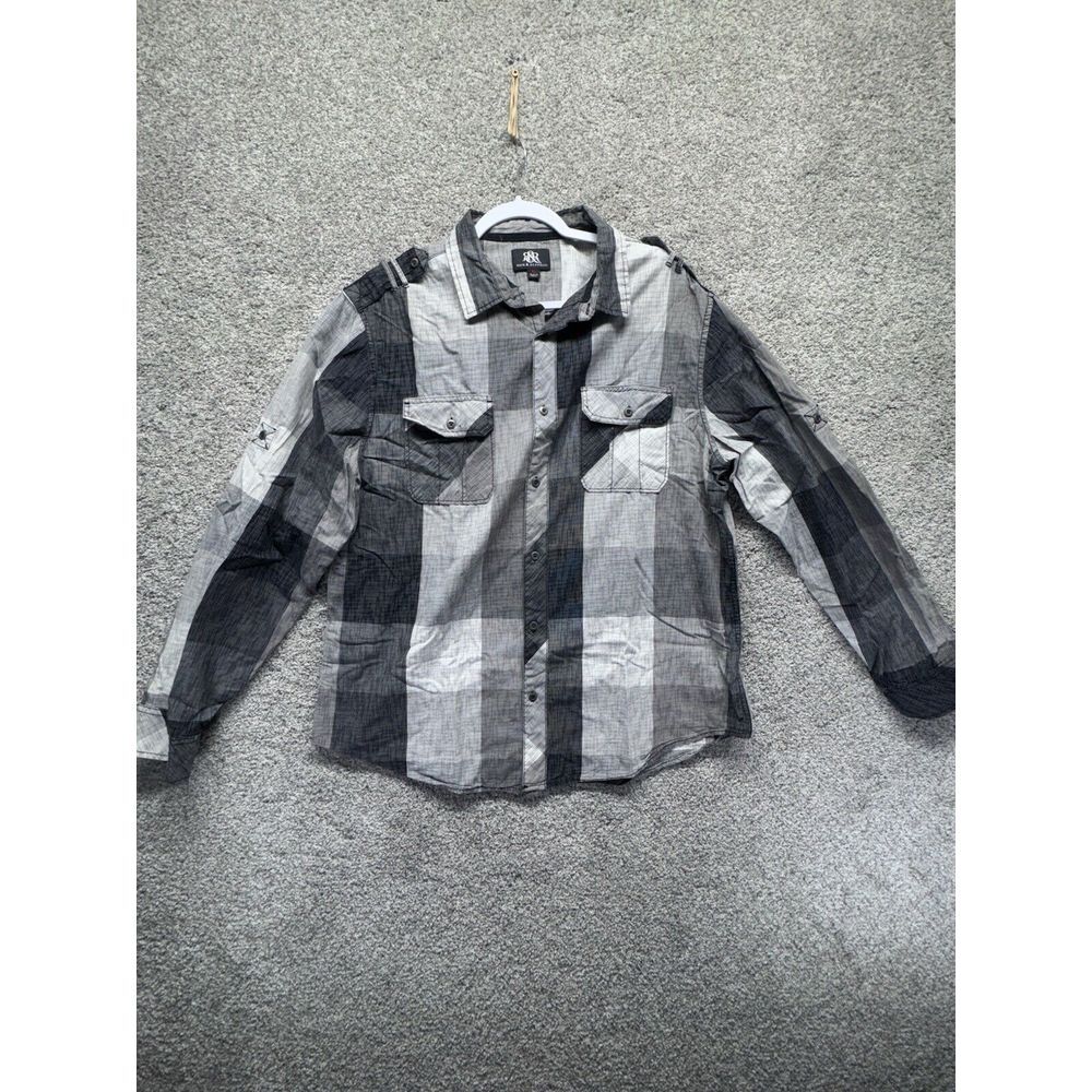Rock & Republic Mens Shirt Button Down Size XL Patchwork Plaid Square Gray Black